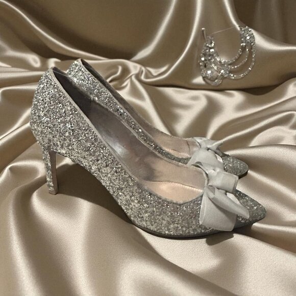 DUNE London Silver Glitter Bow Heels Size 38 / US 8 - Picture 1 of 11